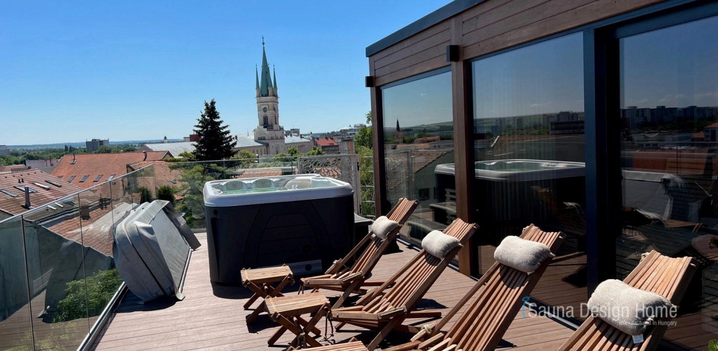 Exkluzív panoráma terasz wellness szaunaház